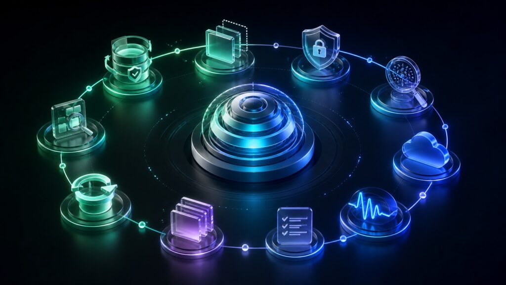 Ciclo continuo di backup, aggiornamenti, sicurezza, test e monitoraggio intorno a WordPress