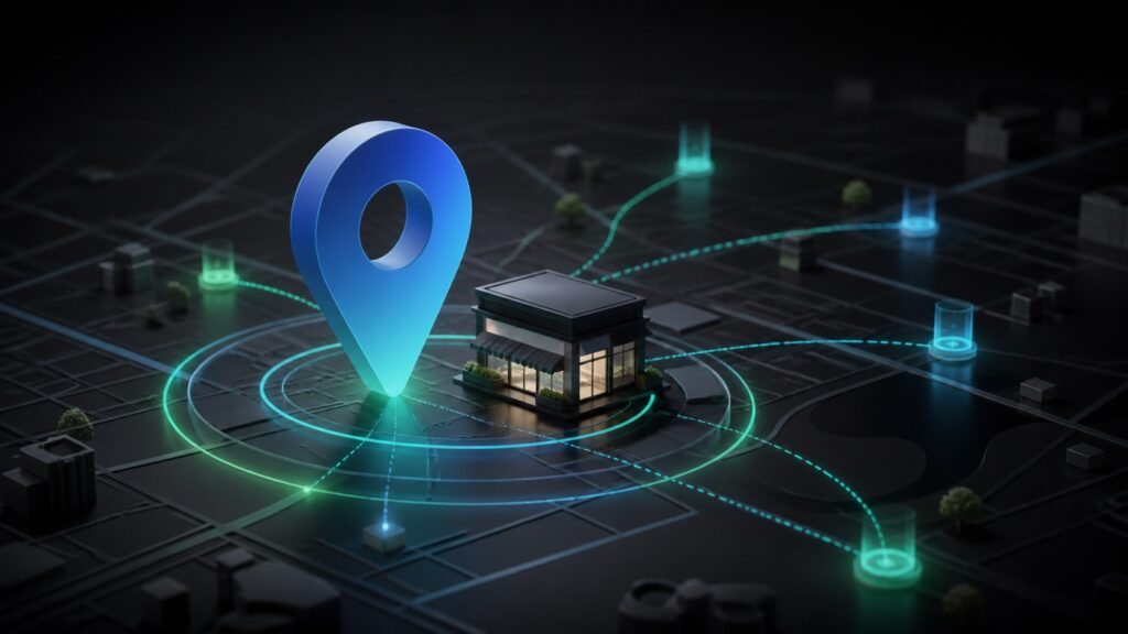 Mappa digitale con indicatore di attività locale e percorsi di ricerca