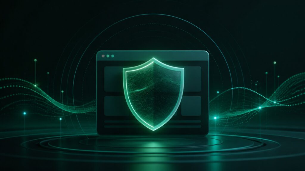 Illustrazione di un sito web protetto da uno scudo digitale verde